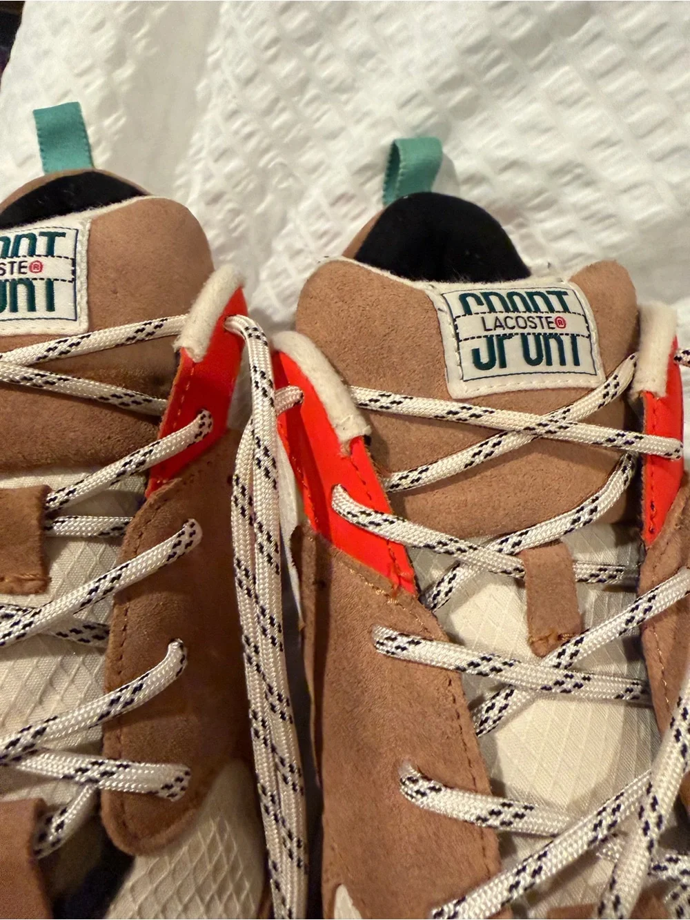 Lacoste Men’s Tan Suede Sneakers with Cream and Orange Accents